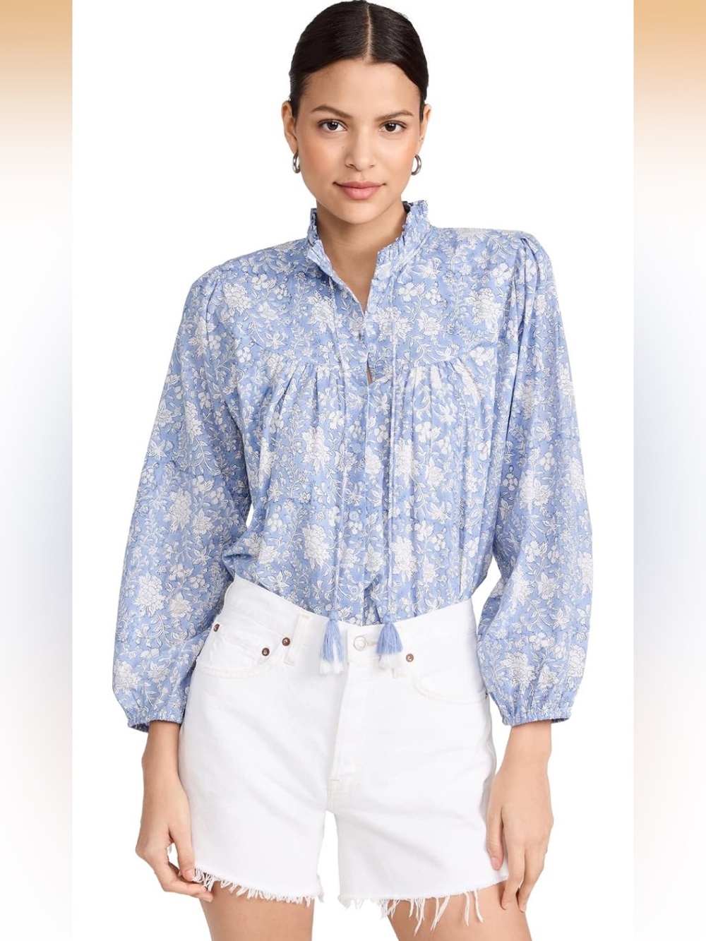Marea Light Blue Floral Tie-Neck Peasant Blouse